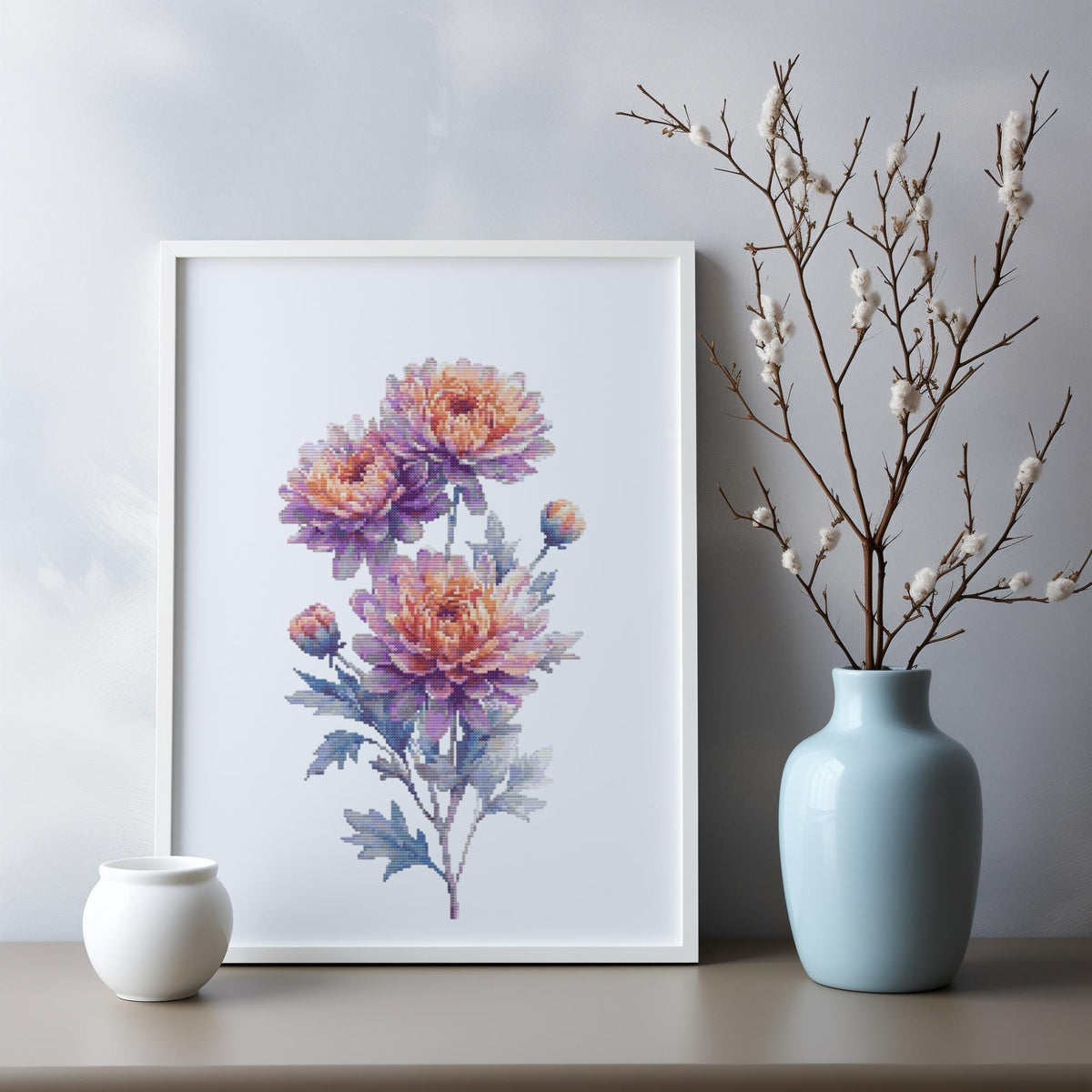 Cross Stitch Pattern With Chrysanthemum, Counted, Customisable Cross Stitch Design, Embroidery Pdf, November Birth Flower Cross Stitch Chart