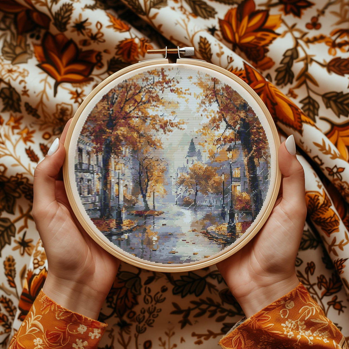 Watercolor Cross Stitch Pattern Rainy City Cross Stitch Designs Modern Fall Embroidery Pattern Pdf Counted Autumn City Cross Stitch Charts