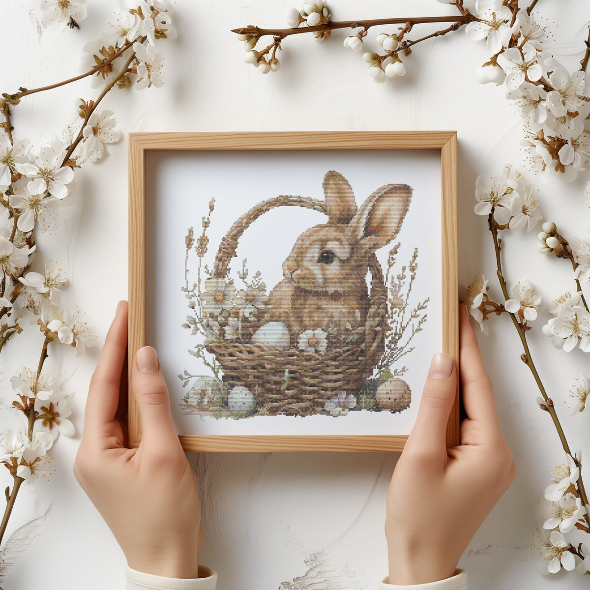 Cross Stitch Pattern With Easter Bunny, Modern Cross Stitch Designs, Easter Embroidery Pattern, Spring Cross Stitch Pattern, Floral Pattern