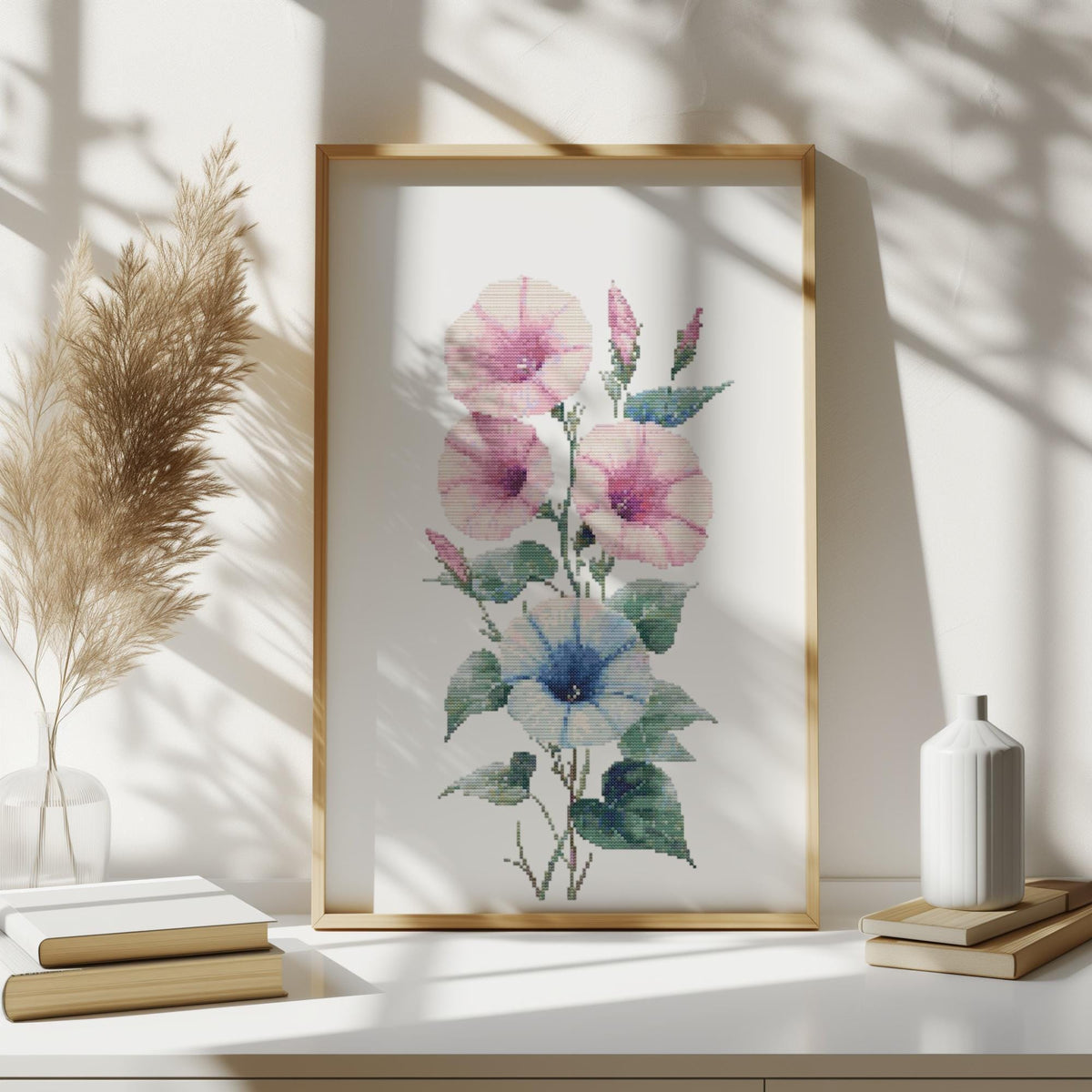 Cross Stitch Pattern With Morning Glory, Counted Cross Stitch Designs, September Birth Flower Embroidery File, Flower Cross Stitch Sampler