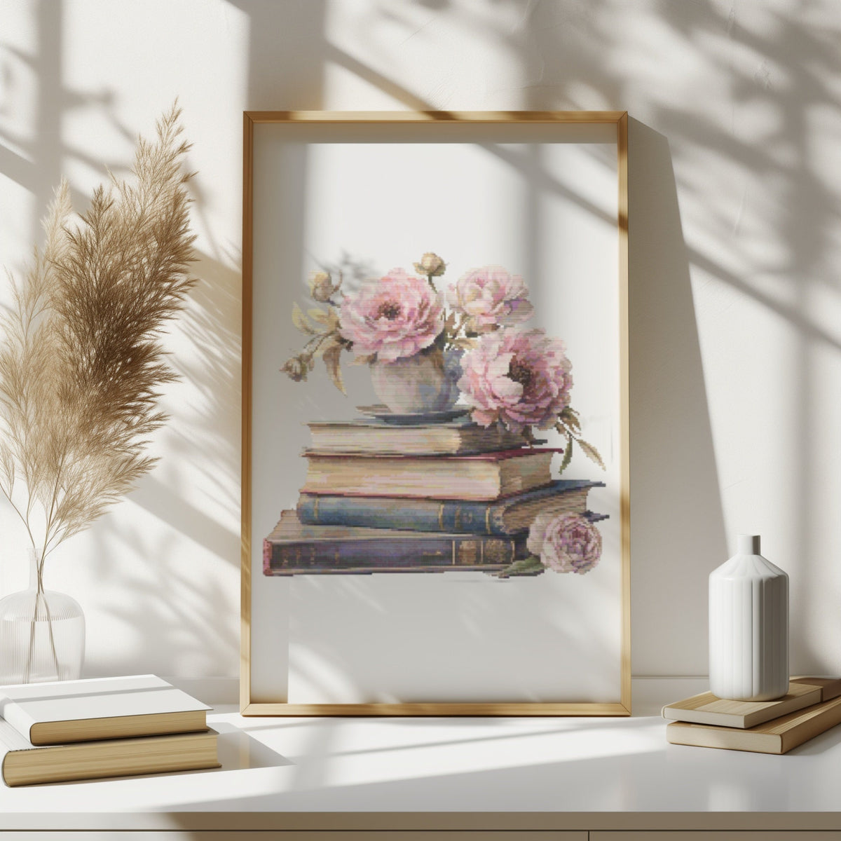 Cross Stitch Pattern, Watercolor Book Cross Stitch Sampler, Pink Flowers Embroidery Pattern, Counted Cross Stitch Chart, Mother's Day Gift