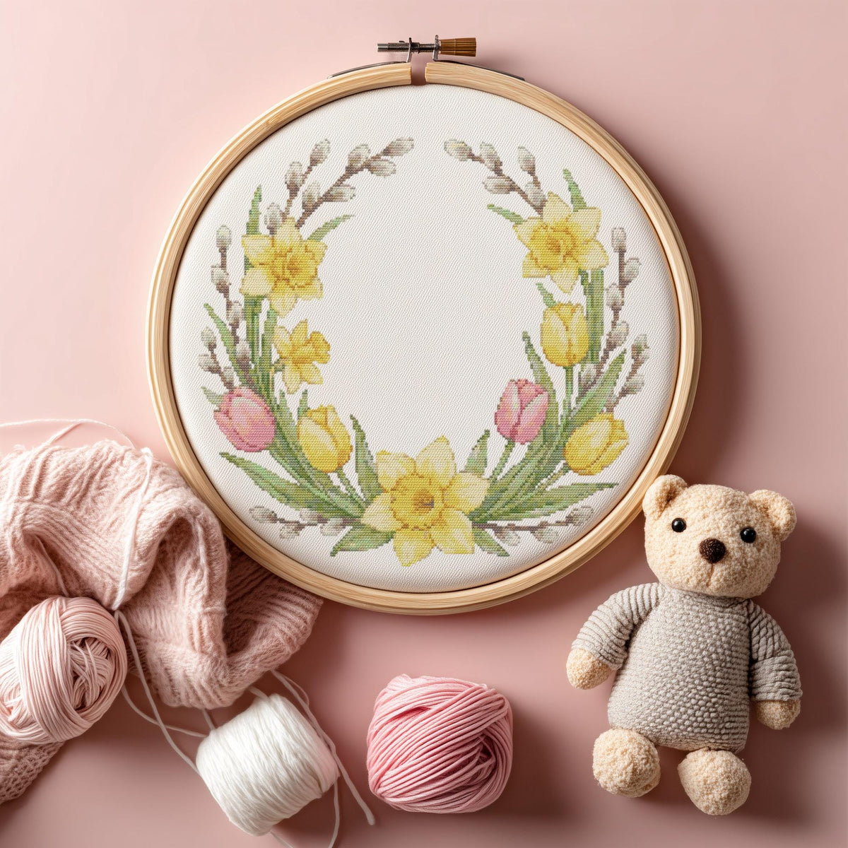 Easter Cross Stitch Pattern PDF With Daddofil, Tulips, Willow, Counted Cross Stitch Chart, Floral Wreath Embroidery Pattern, Easter Gifts