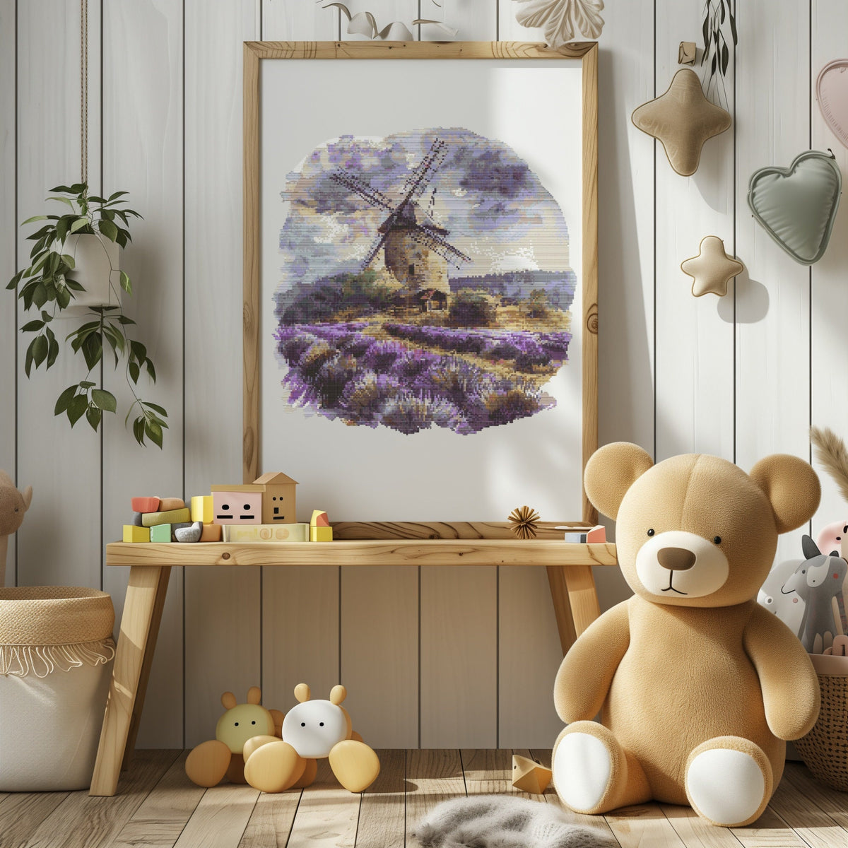 Modern Cross Stitch Pattern With Windmill In Lavender Cross Stitch Art Embroidery Design Landscape Cross Stitch PDF Count Cross Stitch Chart