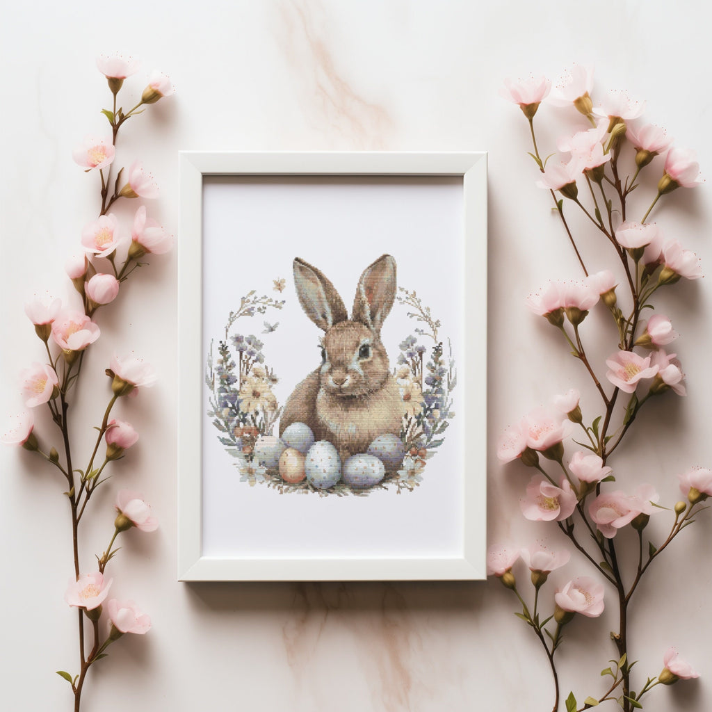 Cross Stitch Pattern With Easter Bunny, Spring Cross Stitch PDF, Modern Cross Stitch Designs, Easter Embroidery Pattern, Floral Pattern