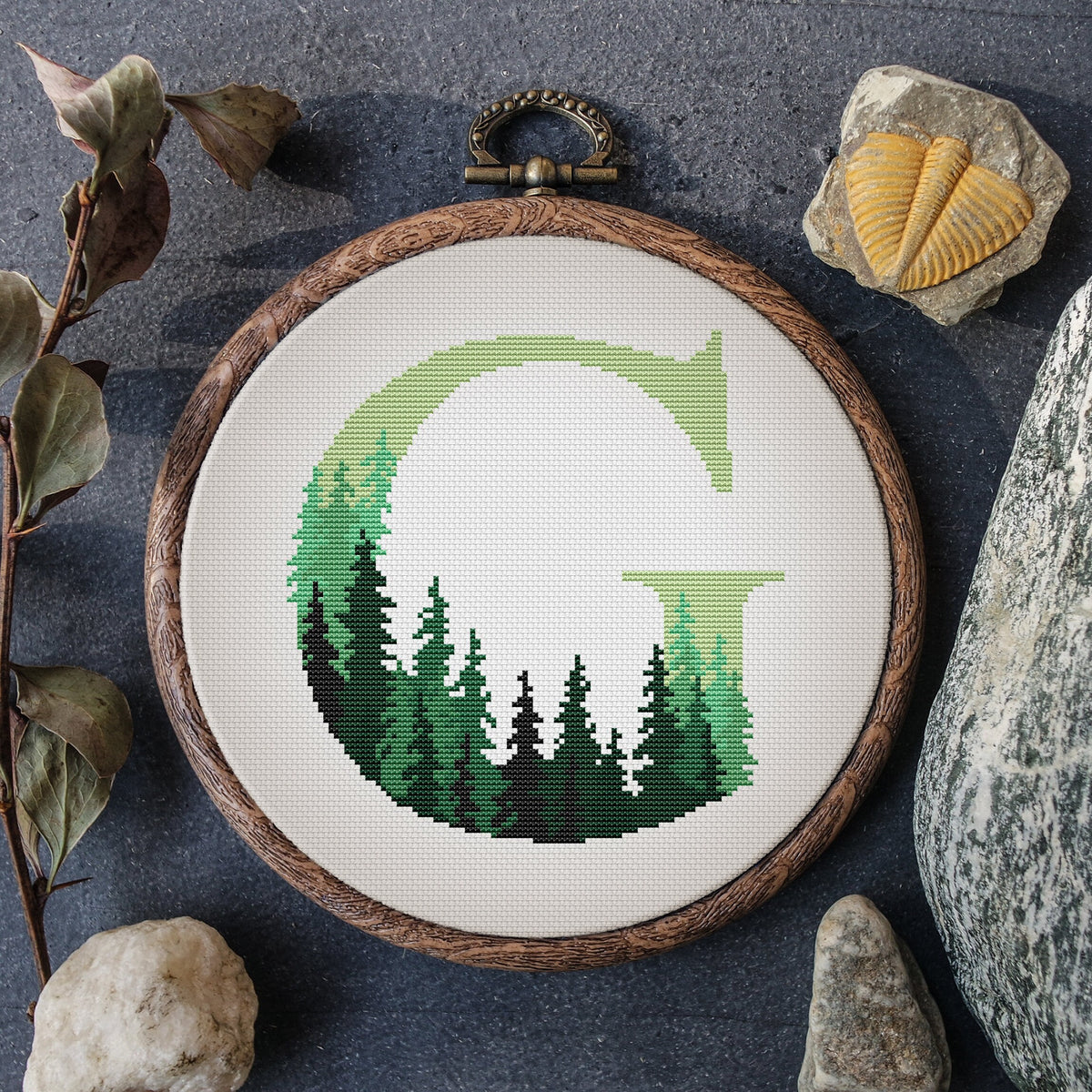 Monogram Cross Stitch Pattern Forest Name Initials Embroidery Pattern Nature Custom Alphabet Letter G Cross Stitch Pattern Digital Download