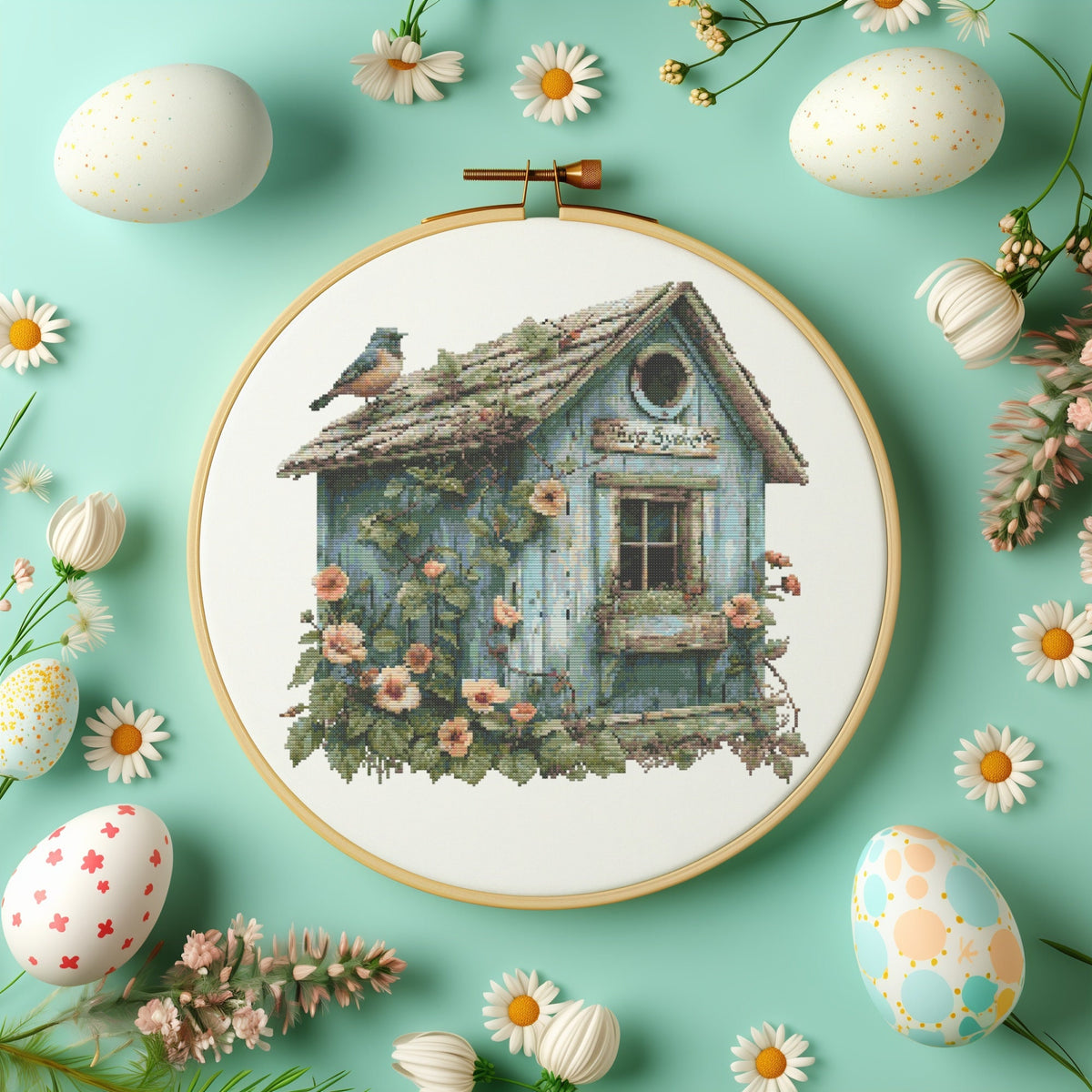 Cross Stitch Pattern Pdf With Birdhouse, Vintage Cross Stitch Designs, Bird Embroidery Pattern, Cross Stitch Art, Counted Cross Stitch Chart