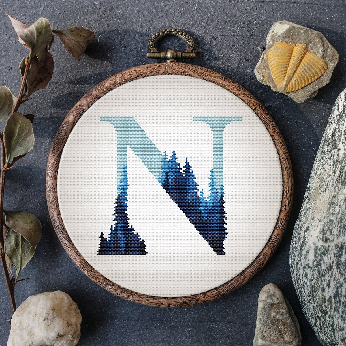 Monogram Cross Stitch Pattern, Counted,  Blue Letter Cross Stitch Chart, Family Name Embroidery Pattern For Beginners, Digital Downloads