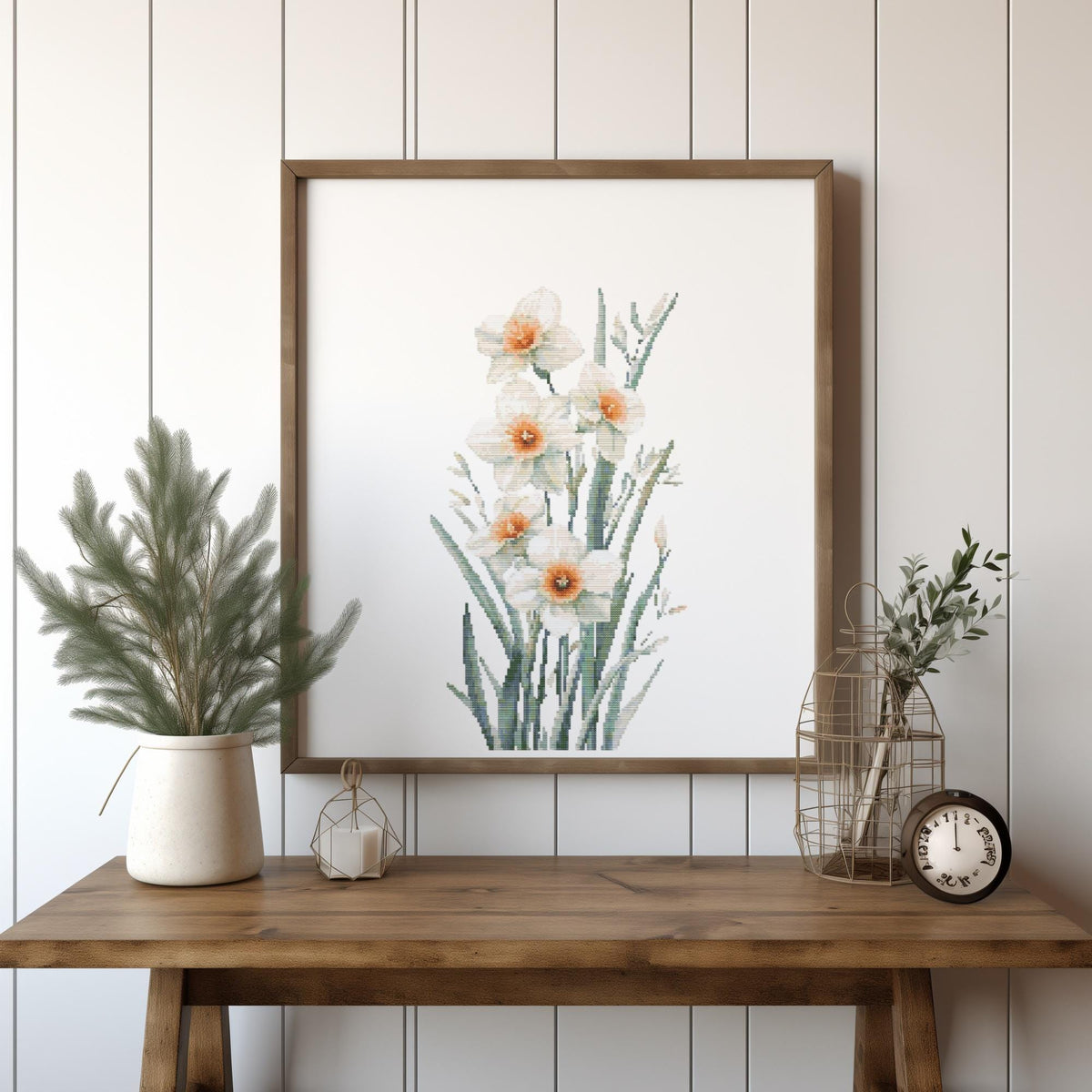 Cross Stitch Pattern With White Narcissus, Counted Cross Stitch Designs, Birth Flower Embroidery PDF, December Birth Flower Cross Stitch Art