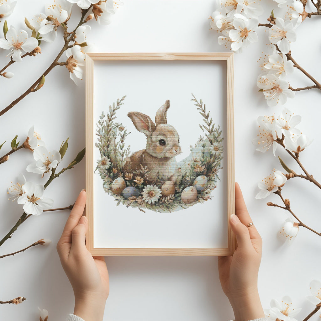 Cross Stitch Pattern With Easter Bunny, Modern Cross Stitch Designs, Easter Embroidery Pattern, Spring Cross Stitch Pattern, Floral Pattern