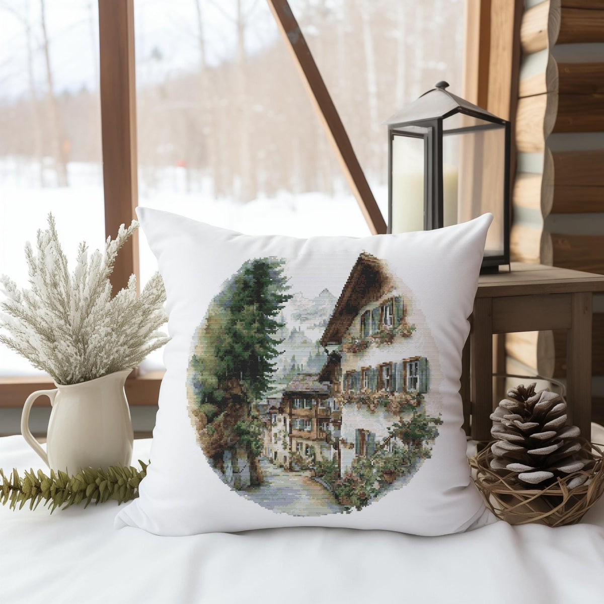 Counted Cross Stitch Pattern PDF With Alp Village, Watercolor Country Embroidery File, Modern Cross Stitch Charts, Cottagecore Home Decor