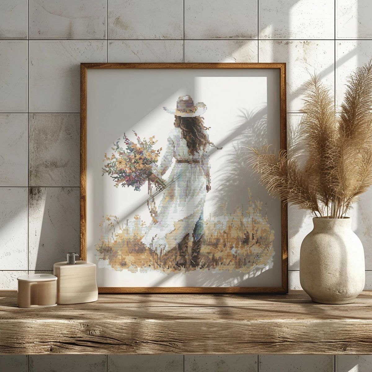 Watercolor Cross Stitch Pattern With Cowgirl Bride Modern Cross Stitch Designs Floral Embroidery Designs Western Cross Stitch Charts