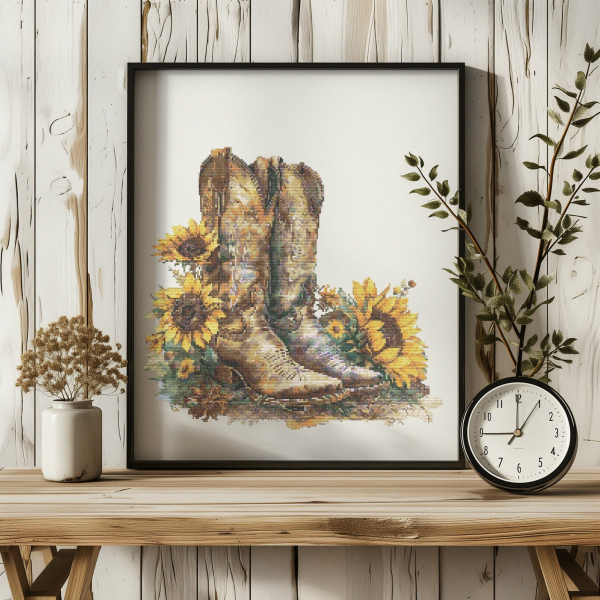 Floral Cross Stitch Pattern PDF With Cowgirl, Boots, Modern Cross Stitch Design, Watercolor Embroidery File, Sunflowers Cross Stitch Charts