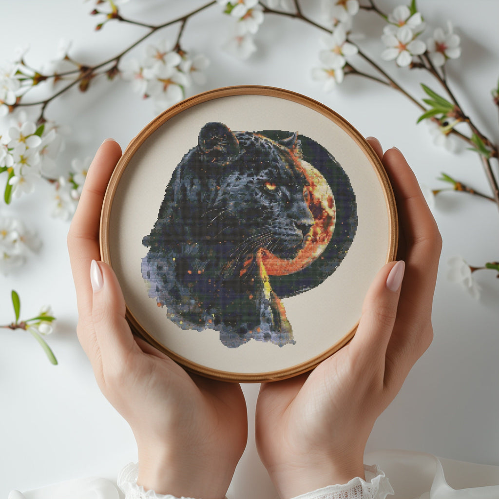 Cross Stitch Pattern With Black Cougar, Counted Cross Stitch Chart, Panther Cross Stitch Designs, Embroidery Patterns, Cross Stitch Art