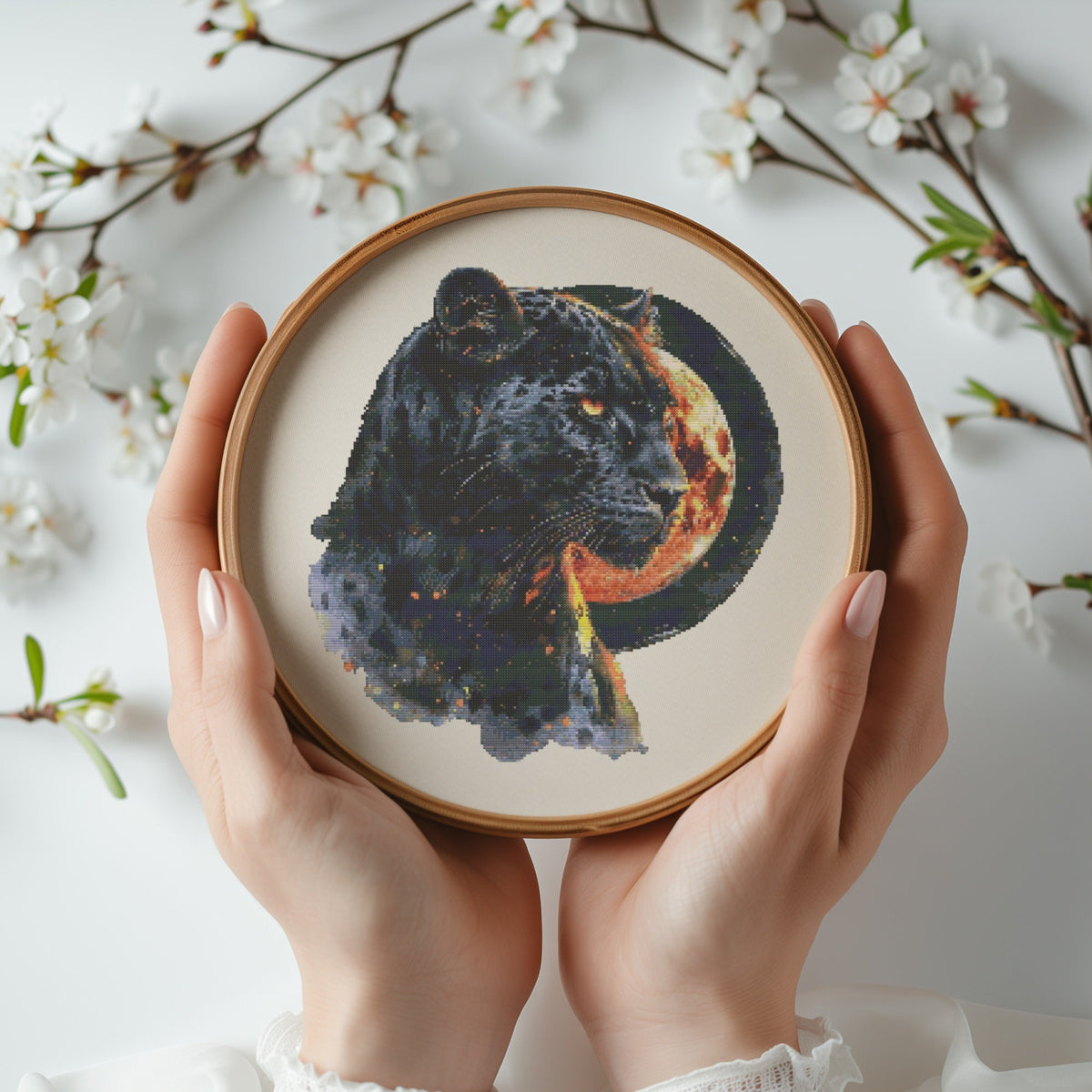 Cross Stitch Pattern With Black Cougar, Counted Cross Stitch Chart, Panther Cross Stitch Designs, Embroidery Patterns, Cross Stitch Art