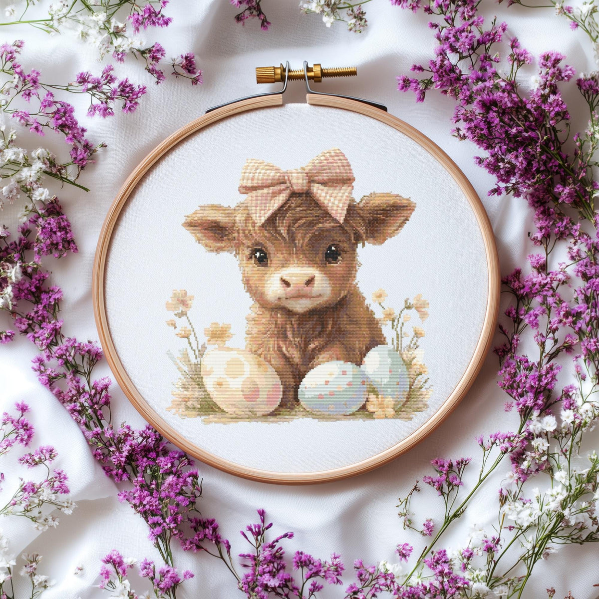 Easter Cross Stitch Pattern With Highland Cow Cottagecore Cross Stitch Design Happy Easter Embroidery Pattern PDF Spring Cross Stitch Chart