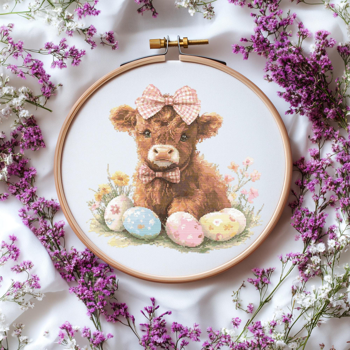 Cross Stitch Pattern With Highland Cow Cottagecore Cross Stitch Design Easter Embroidery Pattern PDF Spring Cross Stitch Chart Easter Gifts
