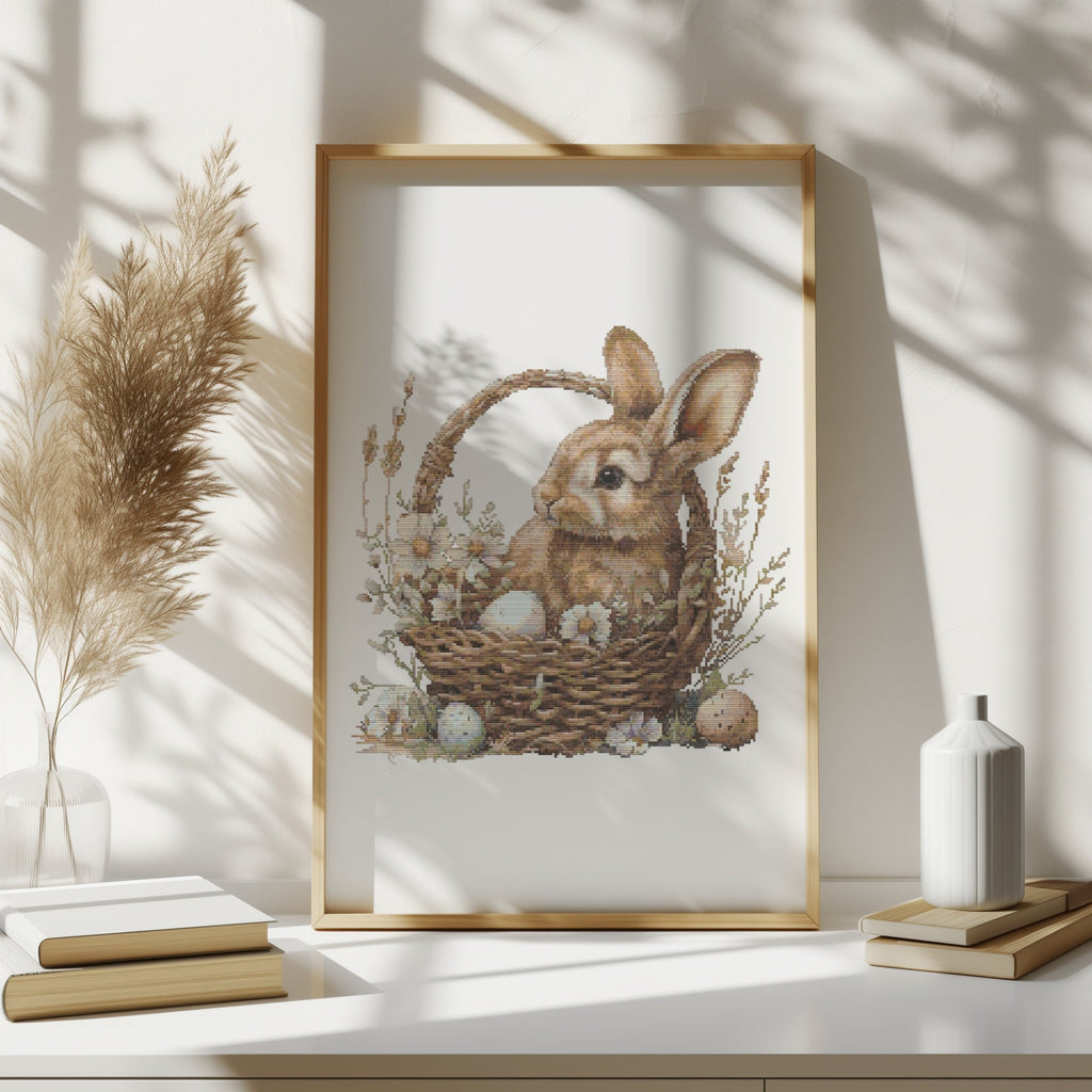 Cross Stitch Pattern With Easter Bunny, Modern Cross Stitch Designs, Easter Embroidery Pattern, Spring Cross Stitch Pattern, Floral Pattern