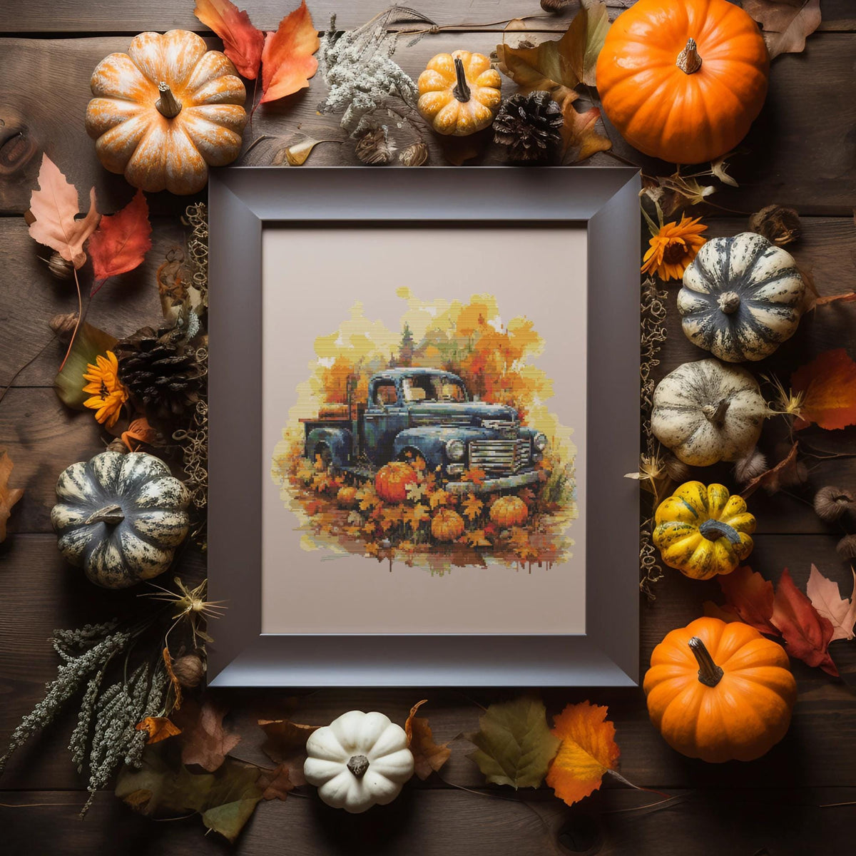 Fall Cross Stitch Pattern With Harvest Truck, Counted, Watercolor Cross Stitch PDF, Autumn Cross Stitch Chart With Pumpkins, Embroidery File