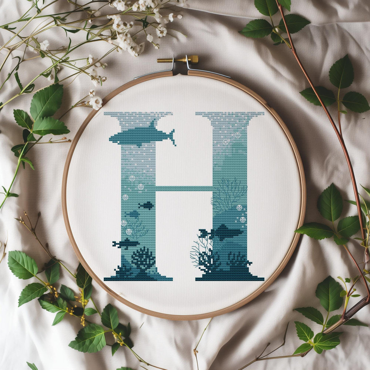 Custom Cross Stitch Pattern, Modern Letter H Cross Stitch PDF, Counted, Initials Embroidery Designs, Marine Monogram Cross Stitch Chart