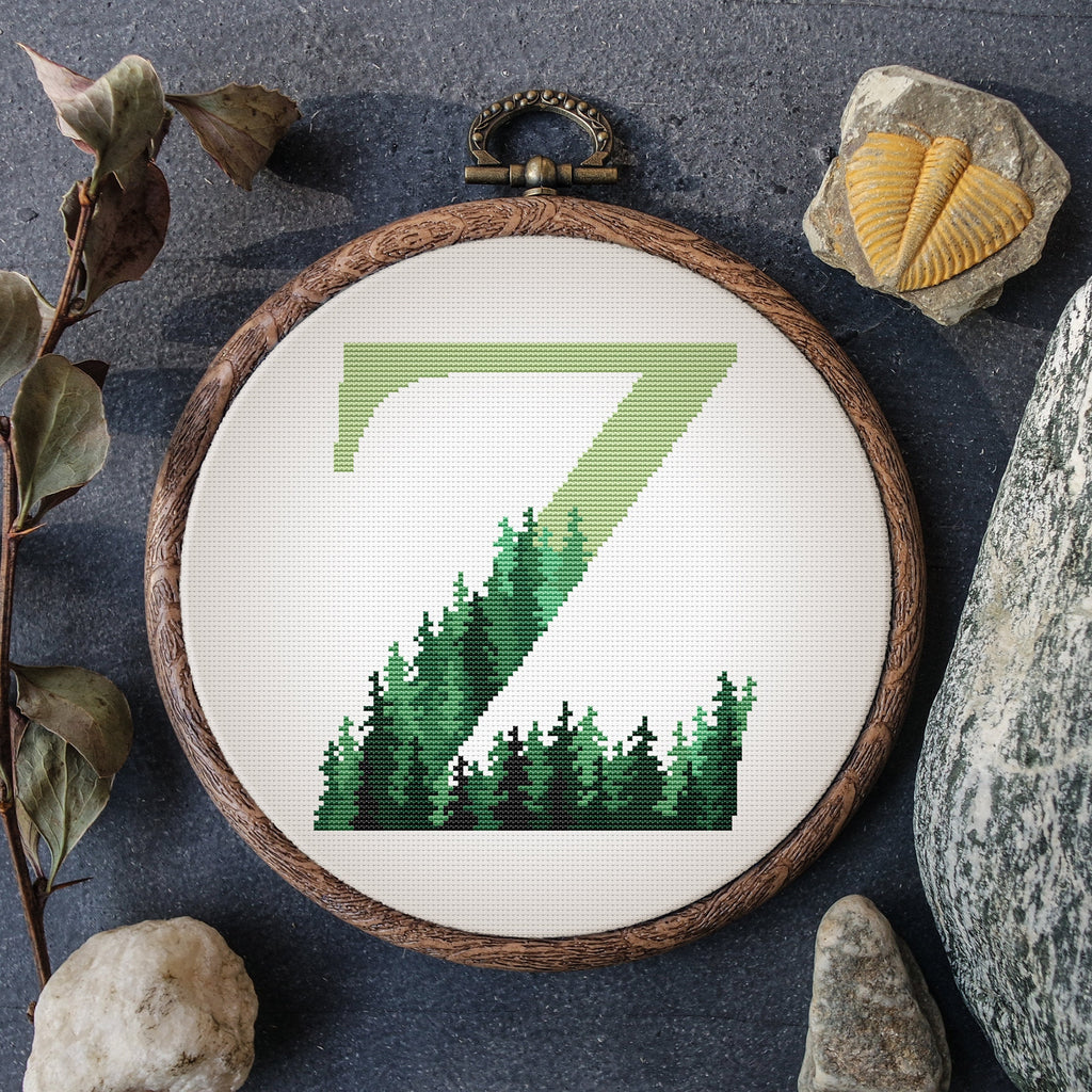 Monogram Cross Stitch Pattern Sampler Green Letter  Embroidery Pattern Forest Alphabet Counted Easy Cross Stitch Chart Instant download