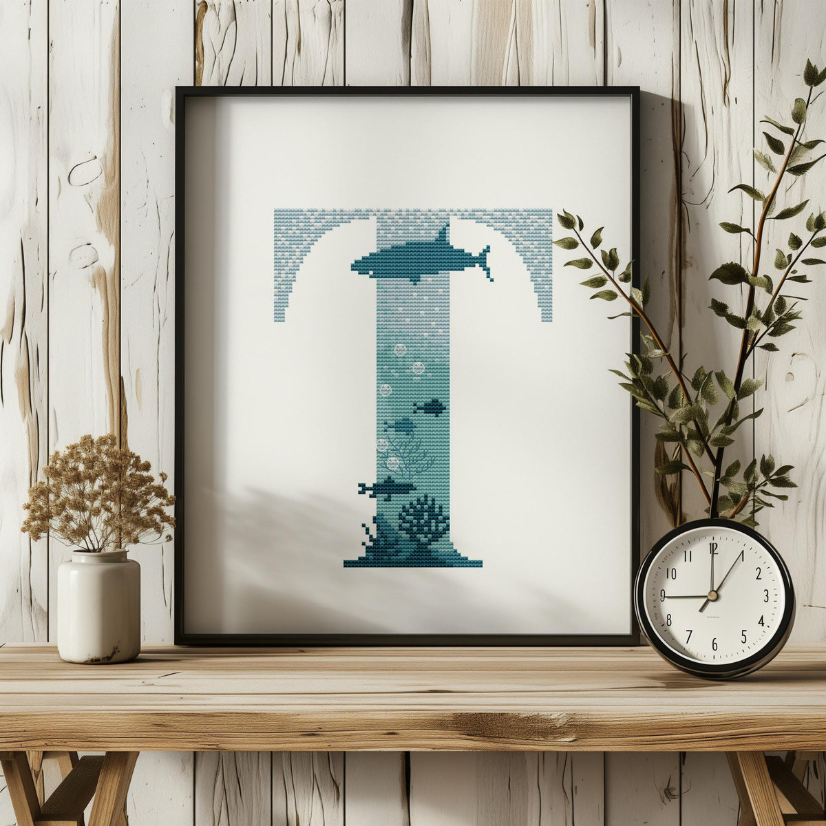 Customisable Cross Stitch Pattern PDF With Letter T, Counted, Family Initials Embroidery Designs, Marine Monogram Cross Stitch Charts