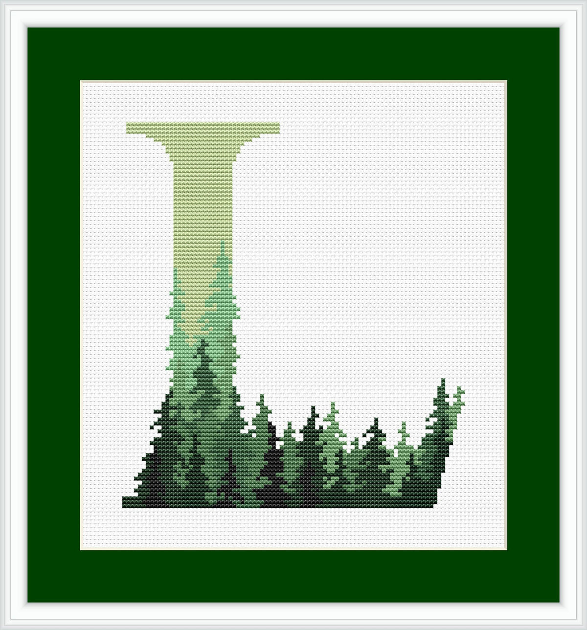 Monogram Cross Stitch Pattern, Counted, Customisable Name Embroidery Designs, Letter Cross Stitch Chart With Green Forest, Personalised Gift