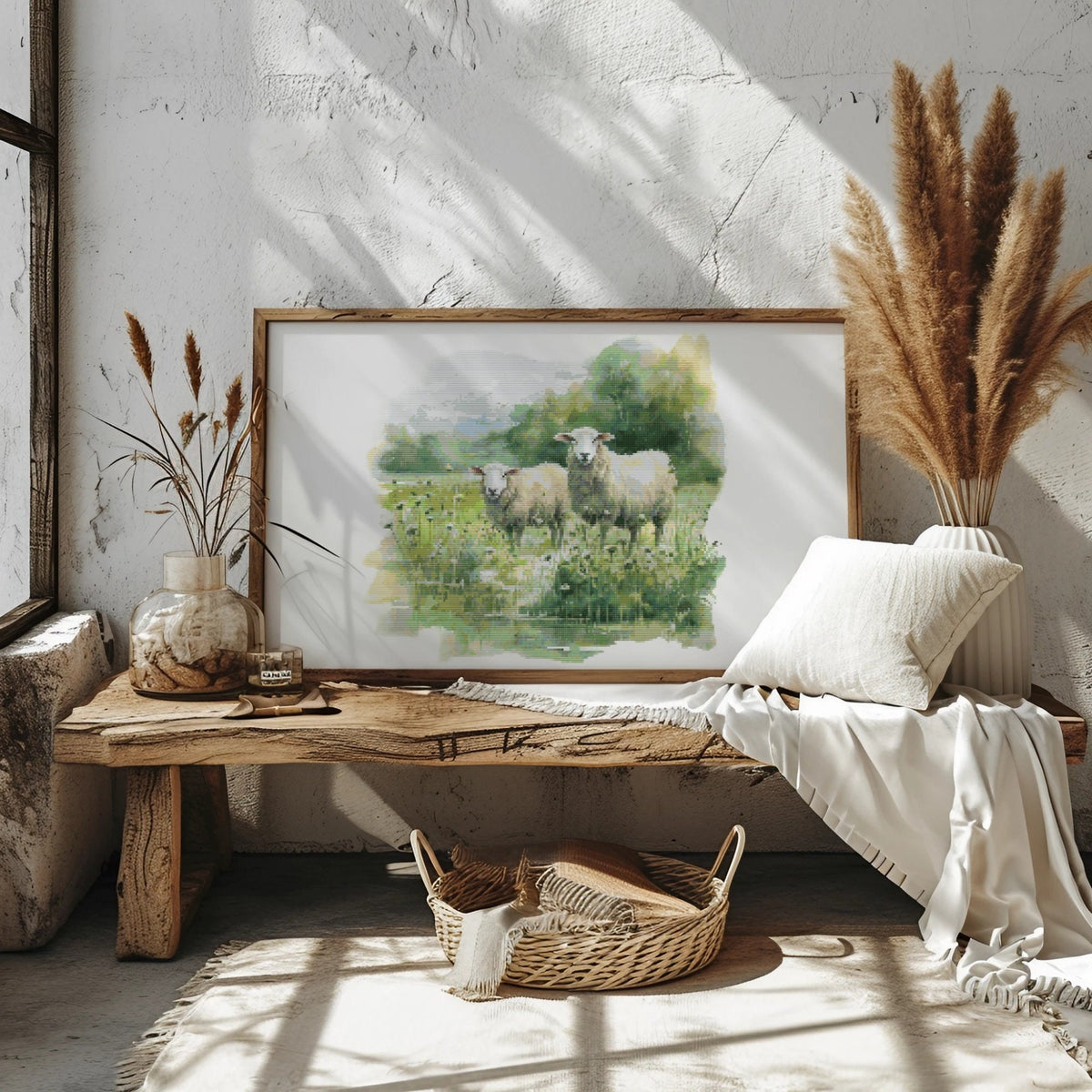Cross Stitch Pattern With Sheep, Nature Cross Stitch Chart, Counted, Embroidery Pattern, Cottagecore Wall Decor, Christmas Gifts For Grandma