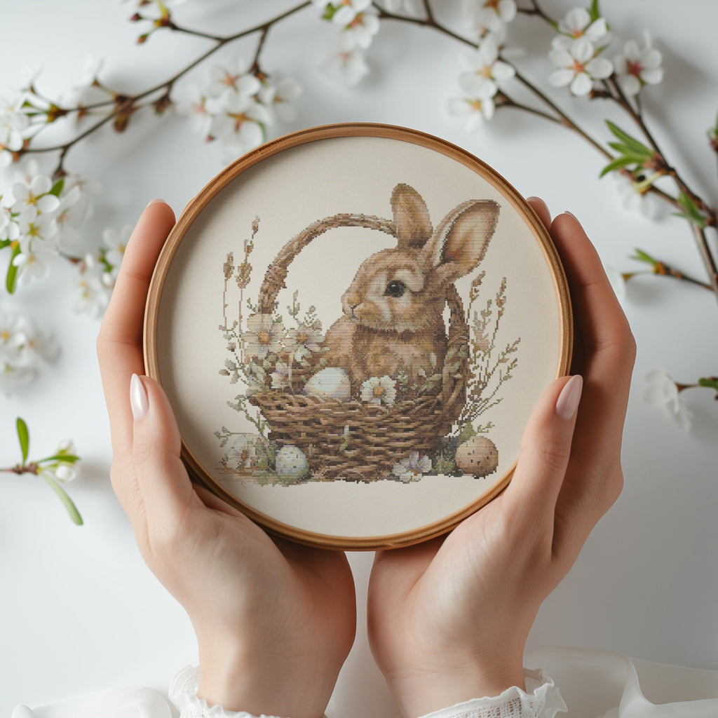 Cross Stitch Pattern With Easter Bunny, Modern Cross Stitch Designs, Easter Embroidery Pattern, Spring Cross Stitch Pattern, Floral Pattern