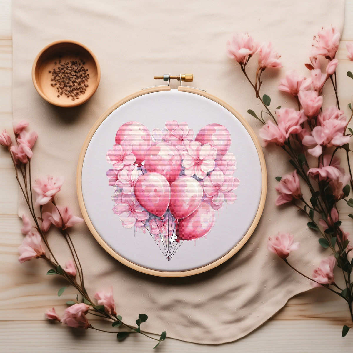 Birthday Cross Stitch Pattern PDF, Valentine's Day Embroidery Pattern, Heart Cross Stitch Chart, Pink Balloons Cross Stitch Samplers