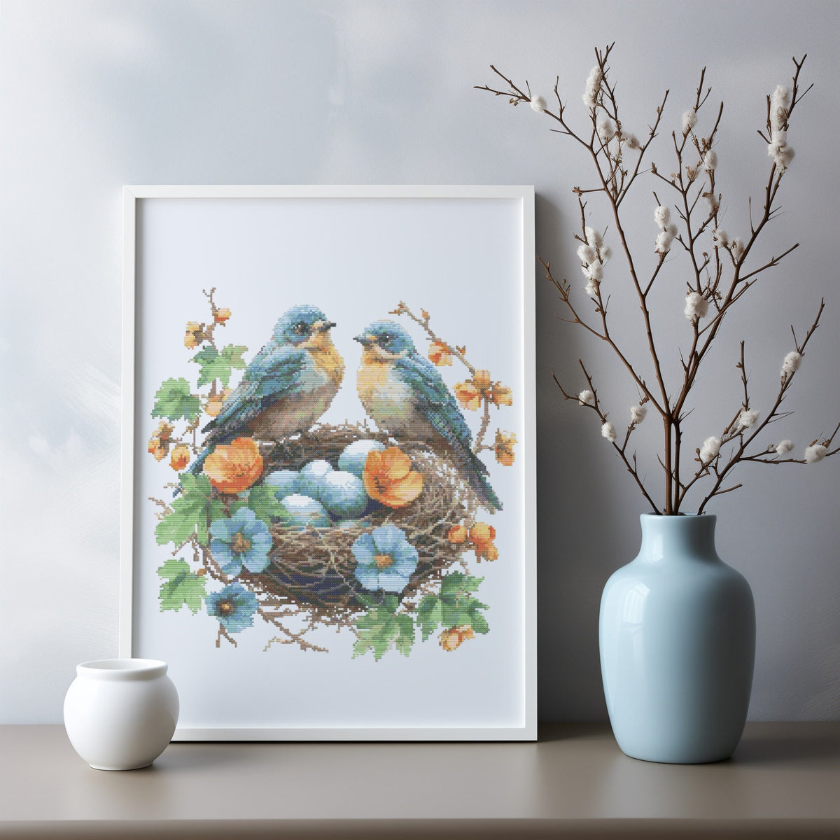 Cross Stitch Pattern Pdf Birds In Nest, Spring Cross Stitch Design, Counted, Floral Embroidery File, Cross Stitch Art, Gift For Grandma
