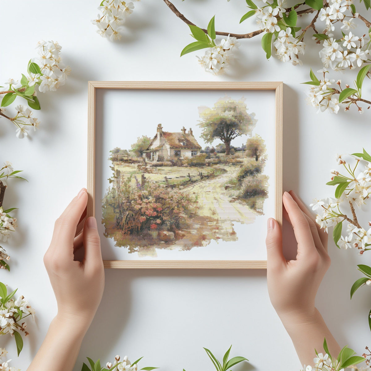 Cross Stitch Pattern With Country Cottage, Counted Cross Stitch PDF, Rustic Landscape Cross Stitch Designs, Cottagecore Embroidery Pattern