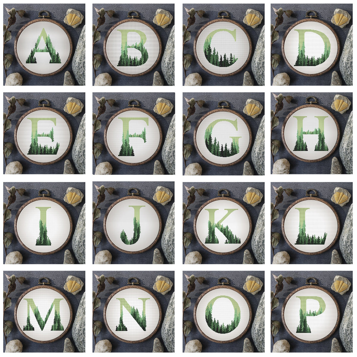 Personalised Cross Stitch Pattern PDF With Letter W, Green Forest Name Embroidery Pattern, Counted, Modern Monogram Cross Stitch Pdf