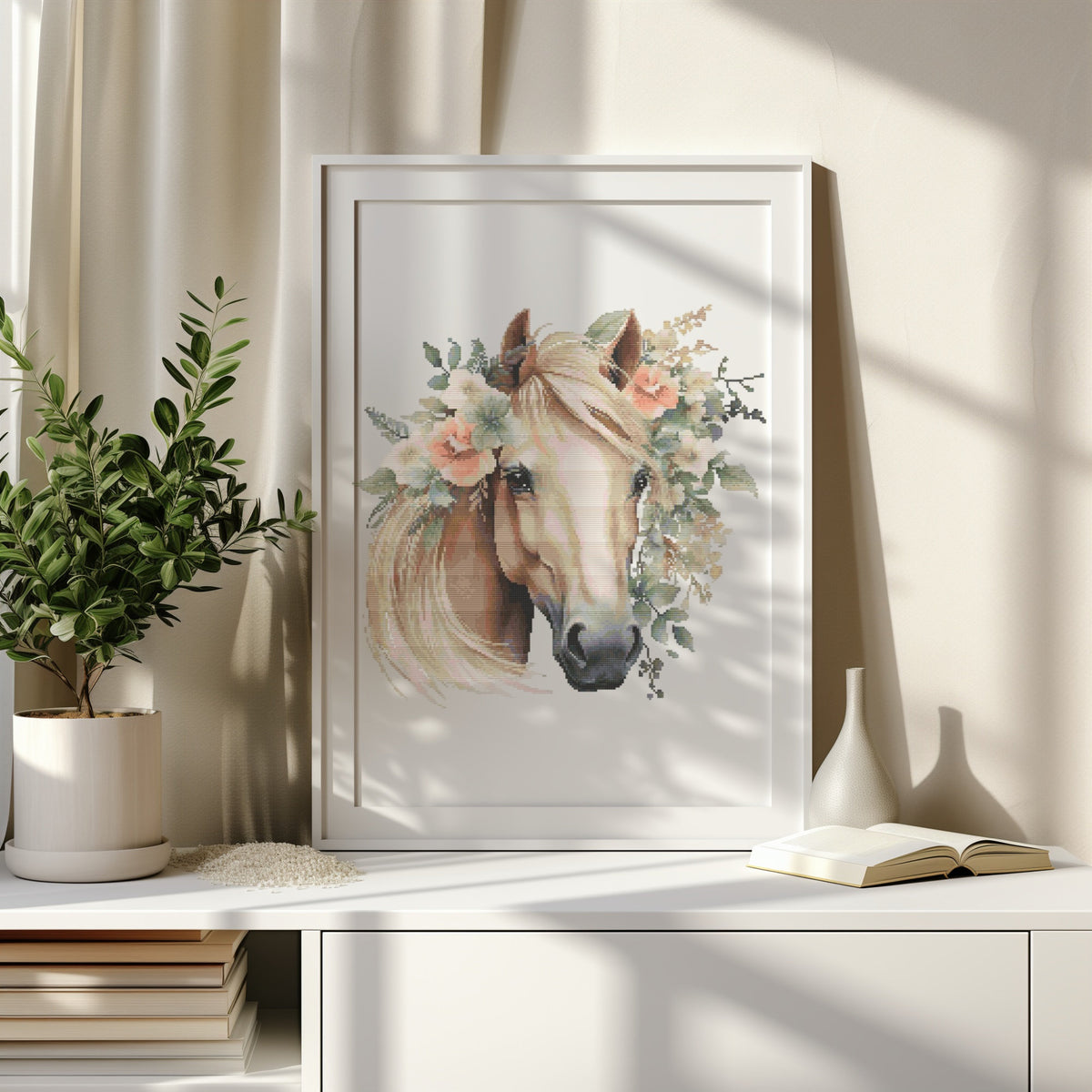 Horse Cross Stitch Pattern, Floral Cross Stitch Design, Counted Cross Stitch Chart, Animal Embroidery Pattern, Horse Lover Gifts