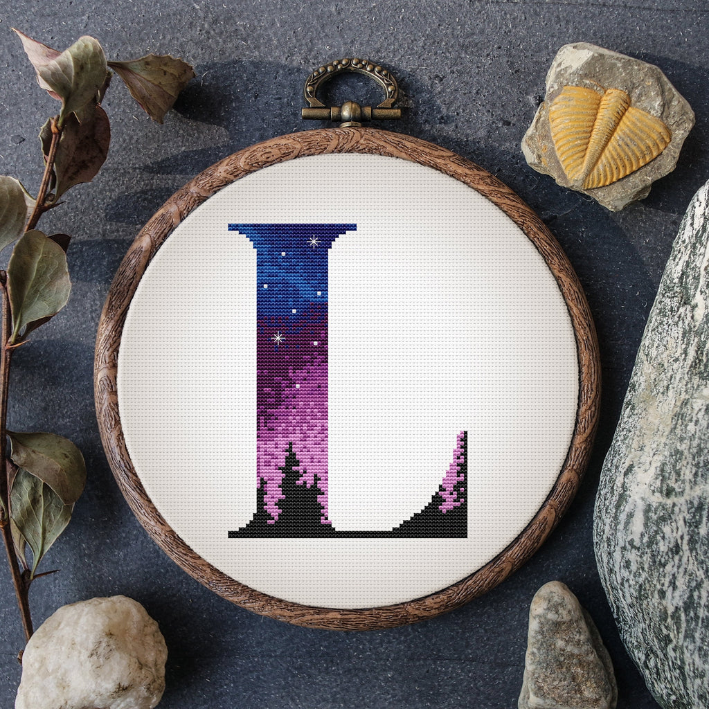 Personalized Cross Stitch Pattern With Monogram L, Letter Embroidery Pattern, Nature Cross Stitch Chart, Counted Cross Stitch Sampler