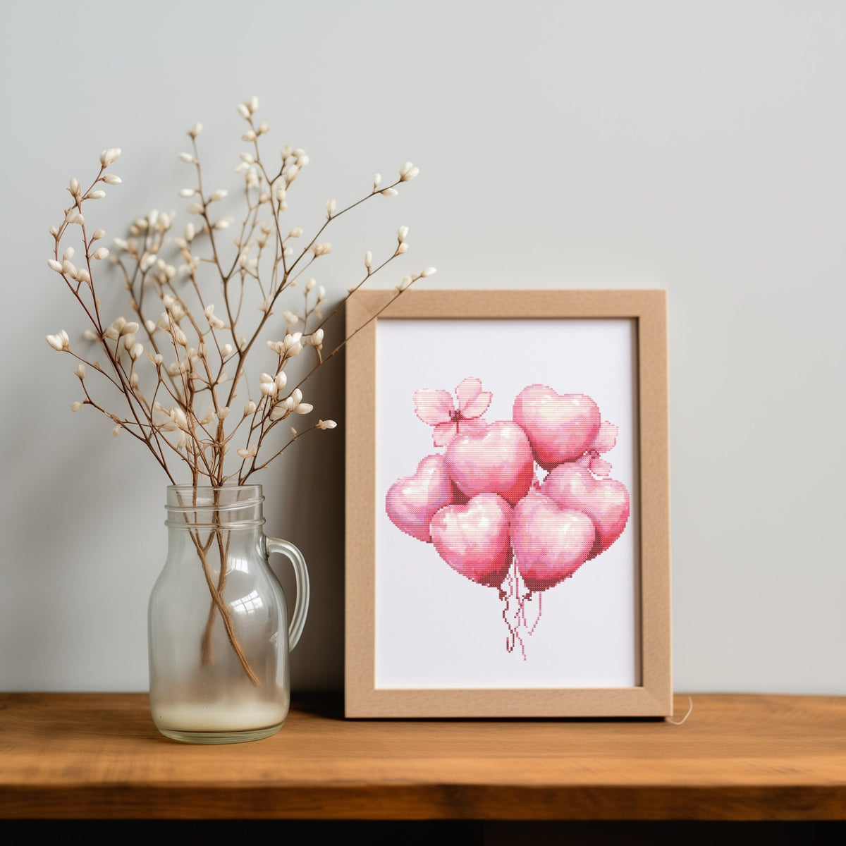 Birthday Cross Stitch Pattern With Pink Balloons, Valentine's Day Embroidery Pattern, Heart Cross Stitch Chart, Easy Cross Stitch Scheme