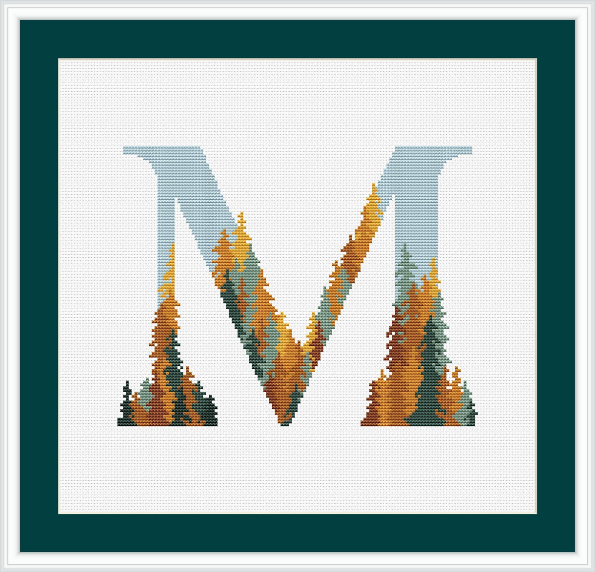 Personalized Cross Stitch Pattern With Monogram M, Counted, Fall Forest Cross Stitch Chart With Letter, Customisable Name Embroidery Pdf