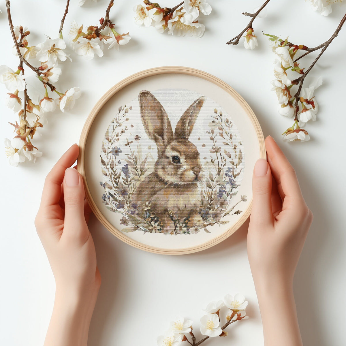 Cross Stitch Pattern With Easter Bunny, Modern Cross Stitch Designs, Easter Embroidery Pattern, Spring Cross Stitch Pattern, Floral Pattern