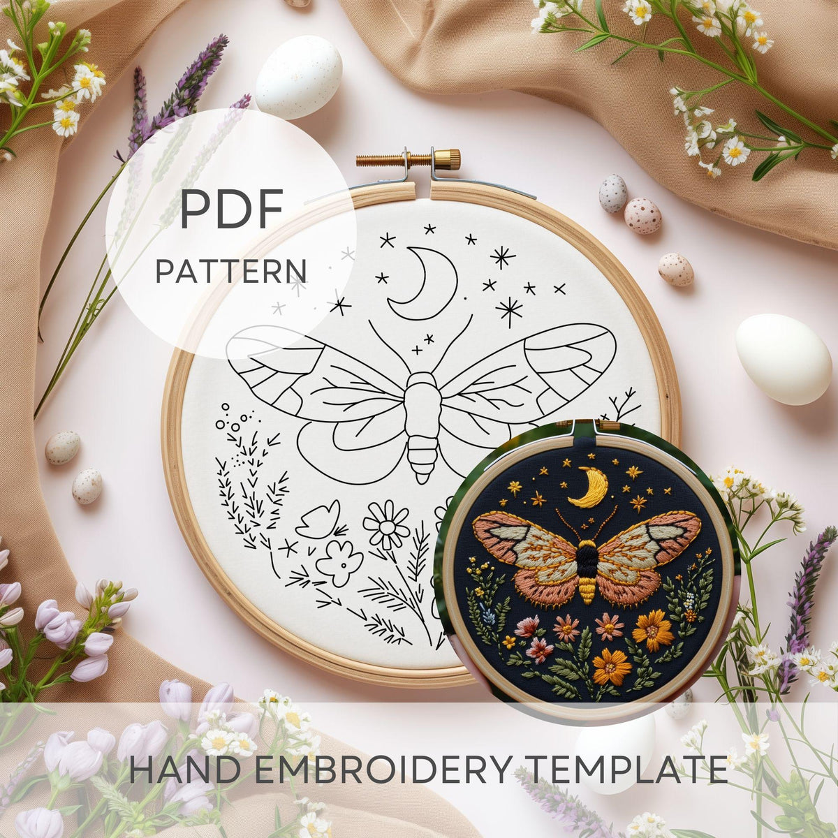 Hand Embroidery Pattern PDF With Night Moth, Cottagecore Embroidery Designs, DIY Craft, Black Embroidery Template, Nursery Wall Art Decor