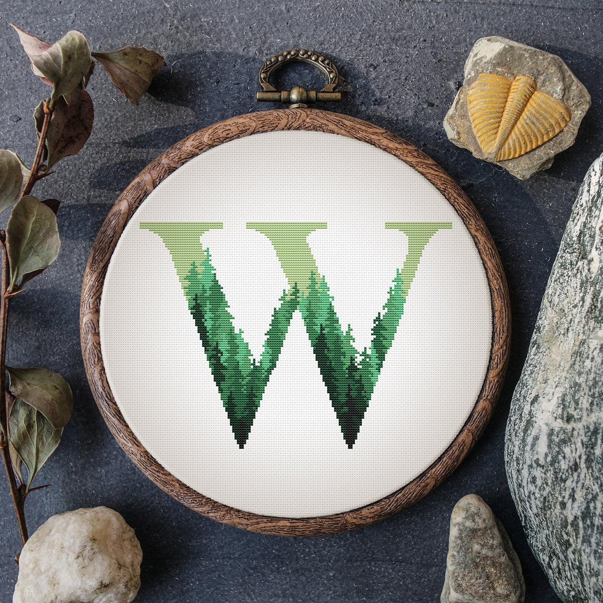 Personalised Cross Stitch Pattern PDF With Letter W, Green Forest Name Embroidery Pattern, Counted, Modern Monogram Cross Stitch Pdf