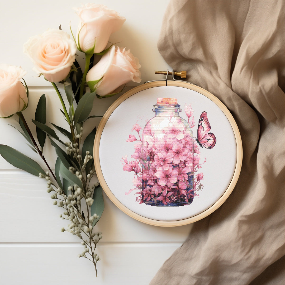 Cross Stitch Pattern With Butterflies, Counted Embroidery Pattern, Pink Flower Bouquet Cross Stitch Chart, Mother's Day Cross Stitch Pdf