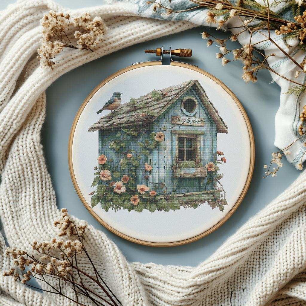 Cross Stitch Pattern Pdf With Birdhouse, Vintage Cross Stitch Designs, Bird Embroidery Pattern, Cross Stitch Art, Counted Cross Stitch Chart