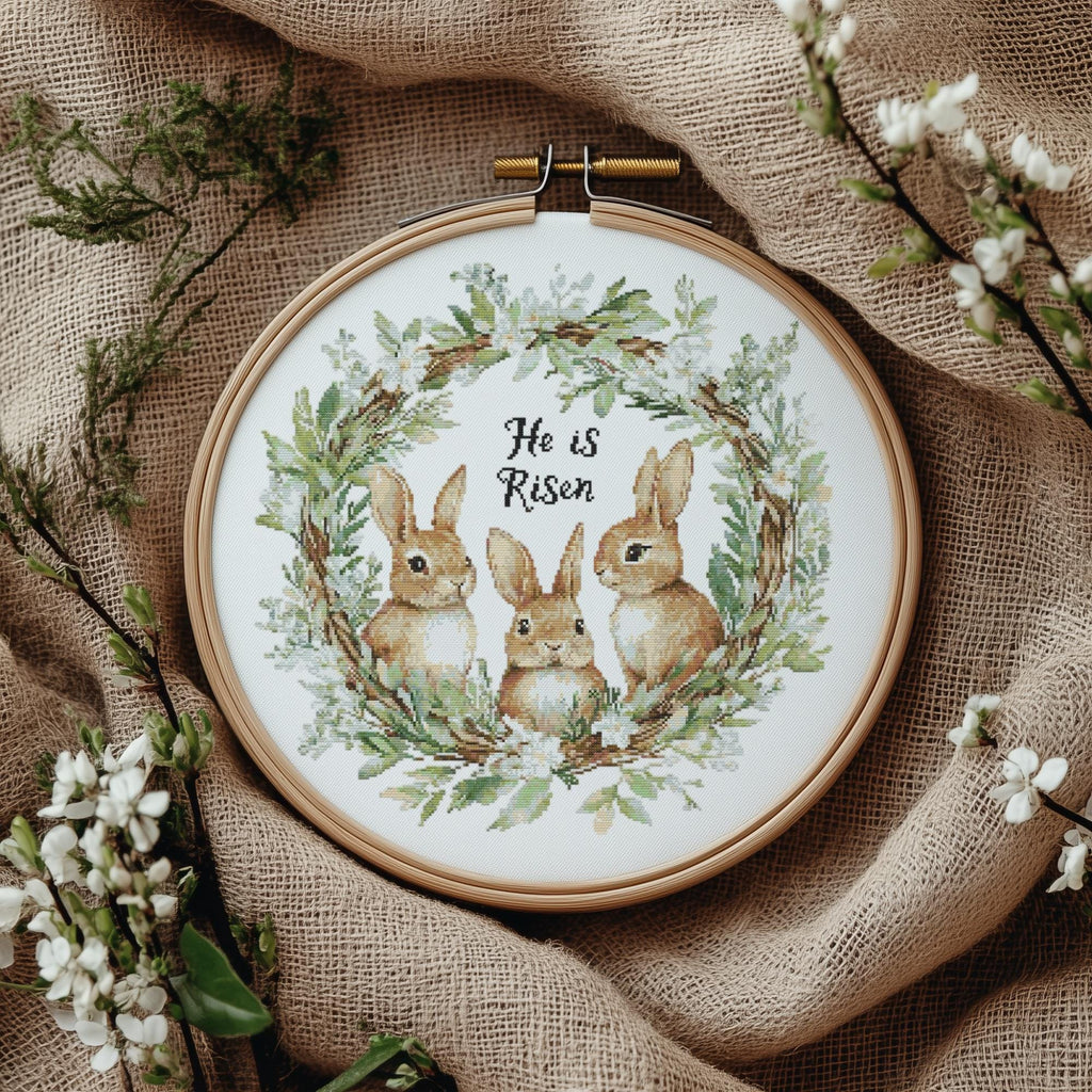 Easter Cross Stitch Pattern With Bunnies Counted He Is Risen Embroidery Pattern Christian Cross Stitch Chart Easter Wreath Cross Stitch Pdf