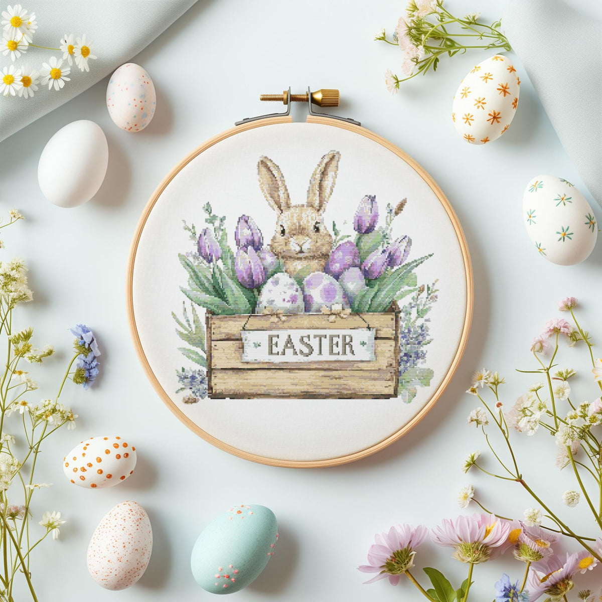 Cross Stitch Pattern With Easter Bunny, Modern Cross Stitch Designs, Easter Embroidery Pattern, Spring Cross Stitch Pattern, Floral Pattern