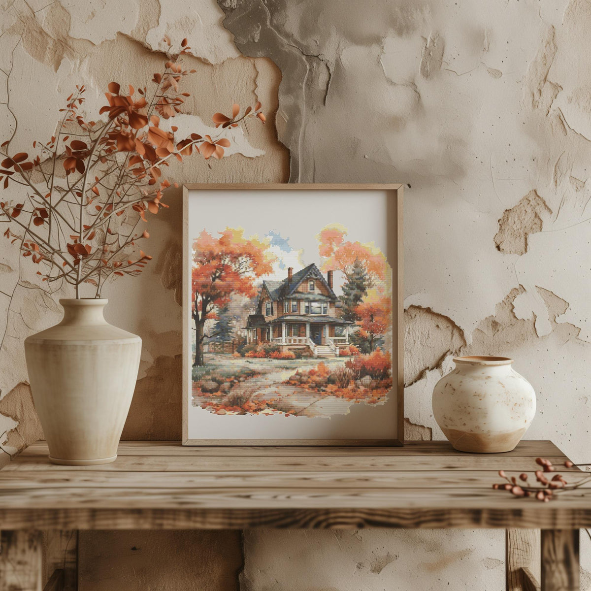 Fall Cross Stitch Pattern With Country Cottage, Counted, Rustic Landscape Cross Stitch Designs, Cottagecore Embroidery Pattern