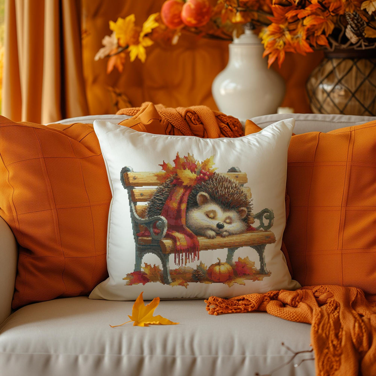 Autumn Cross Stitch Pattern With Cute Hedgehog, Counted Fall Cross Stitch Designs, Nursery Embroidery PDF, Compatible With Pattern Keeper