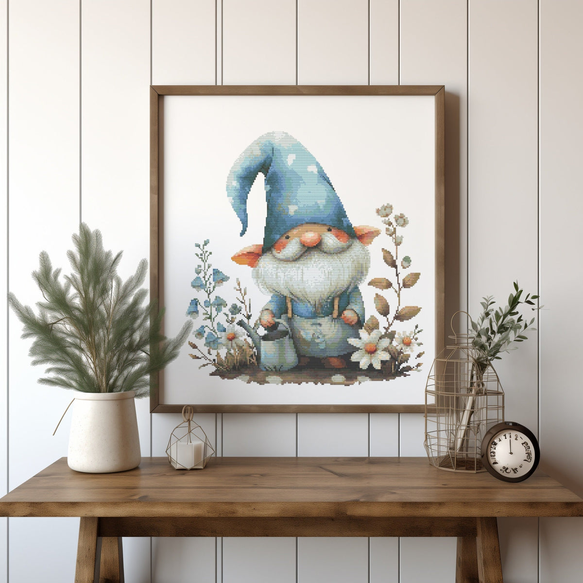 Cross Stitch Pattern With Gnome, Counted, Spring Embroidery Design, Garden Cross Stitch Chart With Blue Flowers, Simple Cross Stitch Sampler