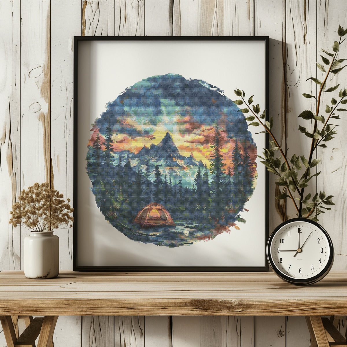Camping Cross Stitch Pattern, Nature Cross Stitch Design, Forest Landscape Embroidery Pattern, Counted, Cross Stitch Chart With Mountains