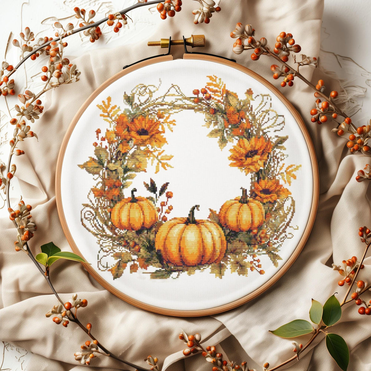 Fall Cross Stitch Patterns With Pumpkins, Counted, Autumn Embroidery Designs, Floral Wreath Cross Stitch Chart, Modern Cross Stitch Art