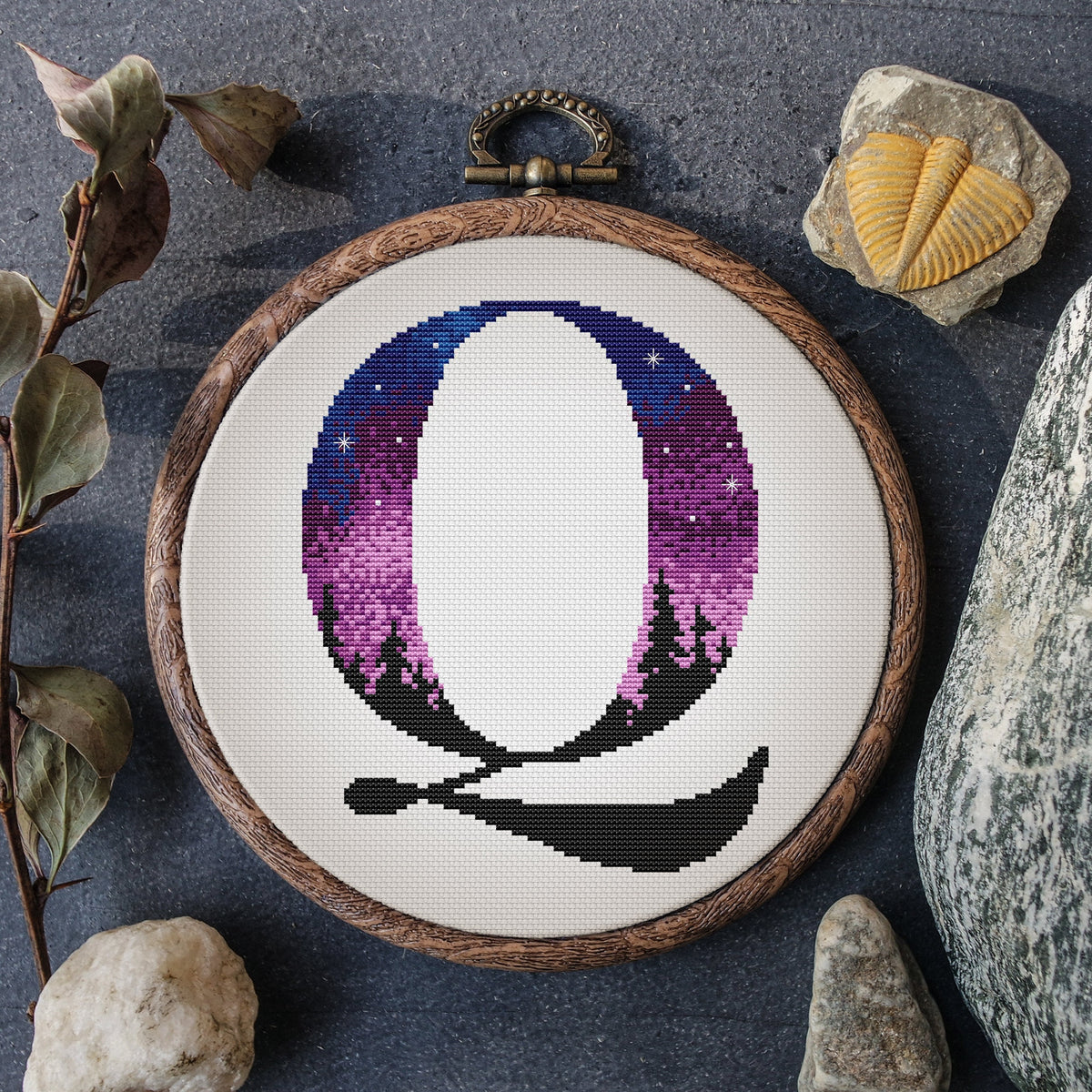 Letter Q Cross Stitch Pattern PDF, Counted, Forest Monogram Q Cross Stitch Sampler, Personalized Gifts, Family Name Embroidery File