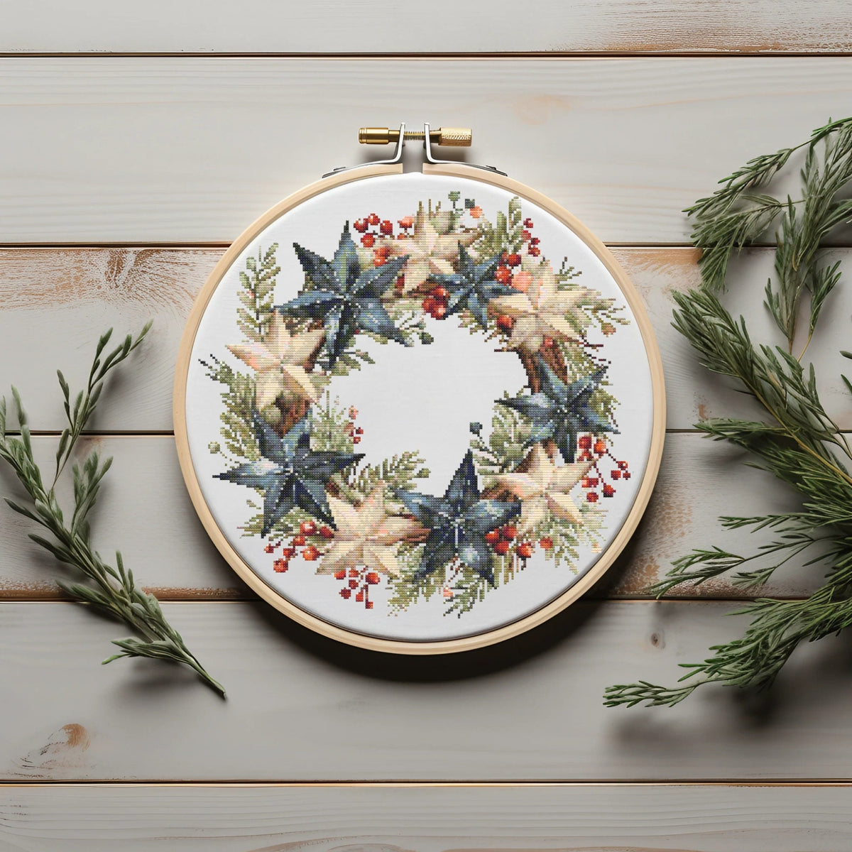 Cross Stitch Pattern With Christmas Wreath, Counted Embroidery Designs, Watercolor PDF Design